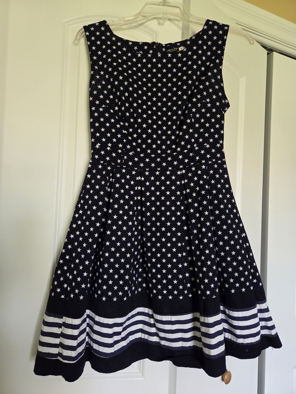 Patriotic Navy Star A-Line Dress with Striped Hem